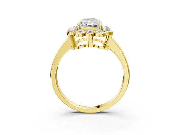 Yellow gold Radiant Halo Cluster Diamond Engagement Ring with Solitaire Band and Prong Setting