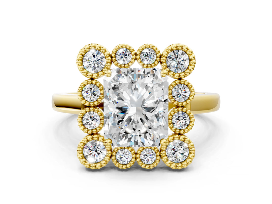 Yellow gold Radiant Halo Diamond Cluster Engagement Ring with Milgrain Bezel Setting and Solitaire Band_39