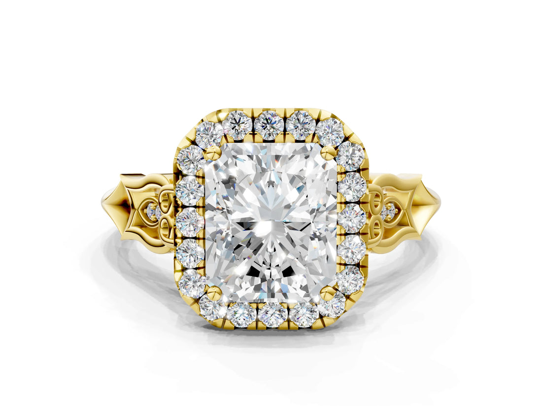 Yellow gold Radiant Halo Diamond Engagement Ring with Filigree Band and Four-Prong Setting_81