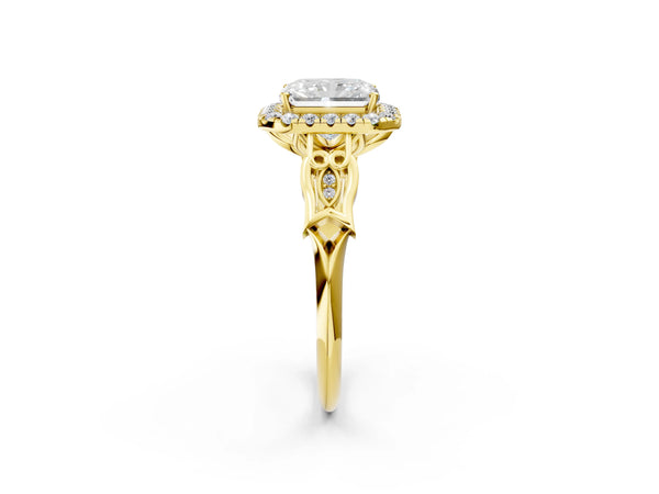Yellow gold Radiant Halo Diamond Engagement Ring with Filigree Band and Four-Prong Setting