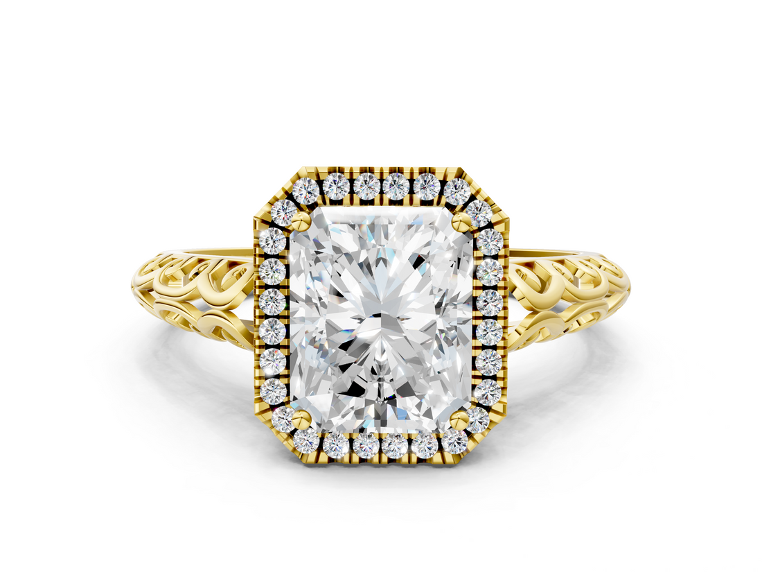 Yellow gold Radiant Halo Diamond Engagement Ring with Intricate Filigree Band and Four-Prong Setting_54