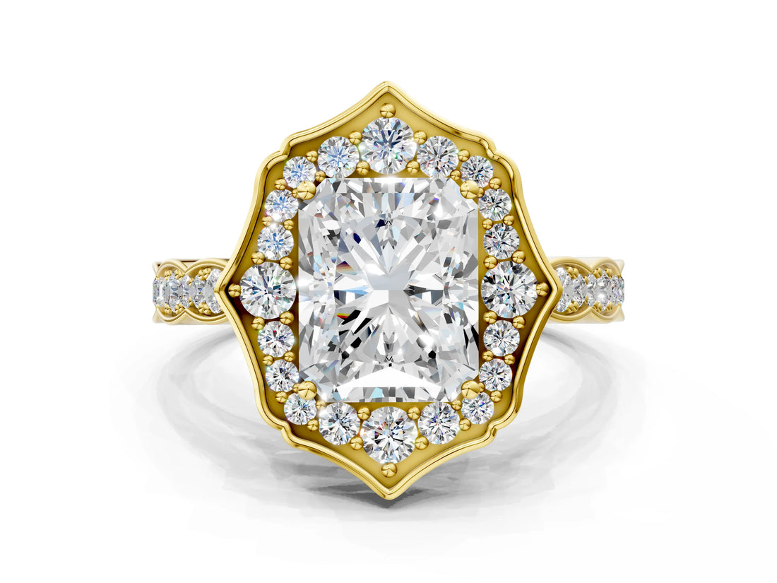 Yellow gold Radiant Halo Diamond Engagement Ring with Milgrain Band and Four-Prong Setting_54