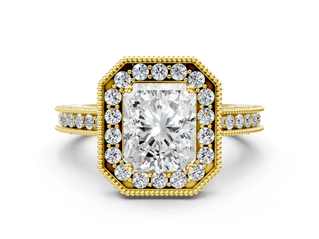 Yellow gold Radiant Halo Diamond Engagement Ring with Milgrain Pave Band and Four-Prong Setting_24