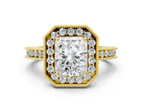 Yellow gold Radiant Halo Diamond Engagement Ring with Milgrain Pave Band and Four-Prong Setting_51