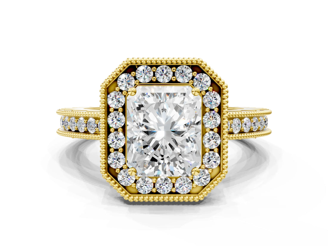 Yellow gold Radiant Halo Diamond Engagement Ring with Milgrain Pave Band and Four-Prong Setting_58