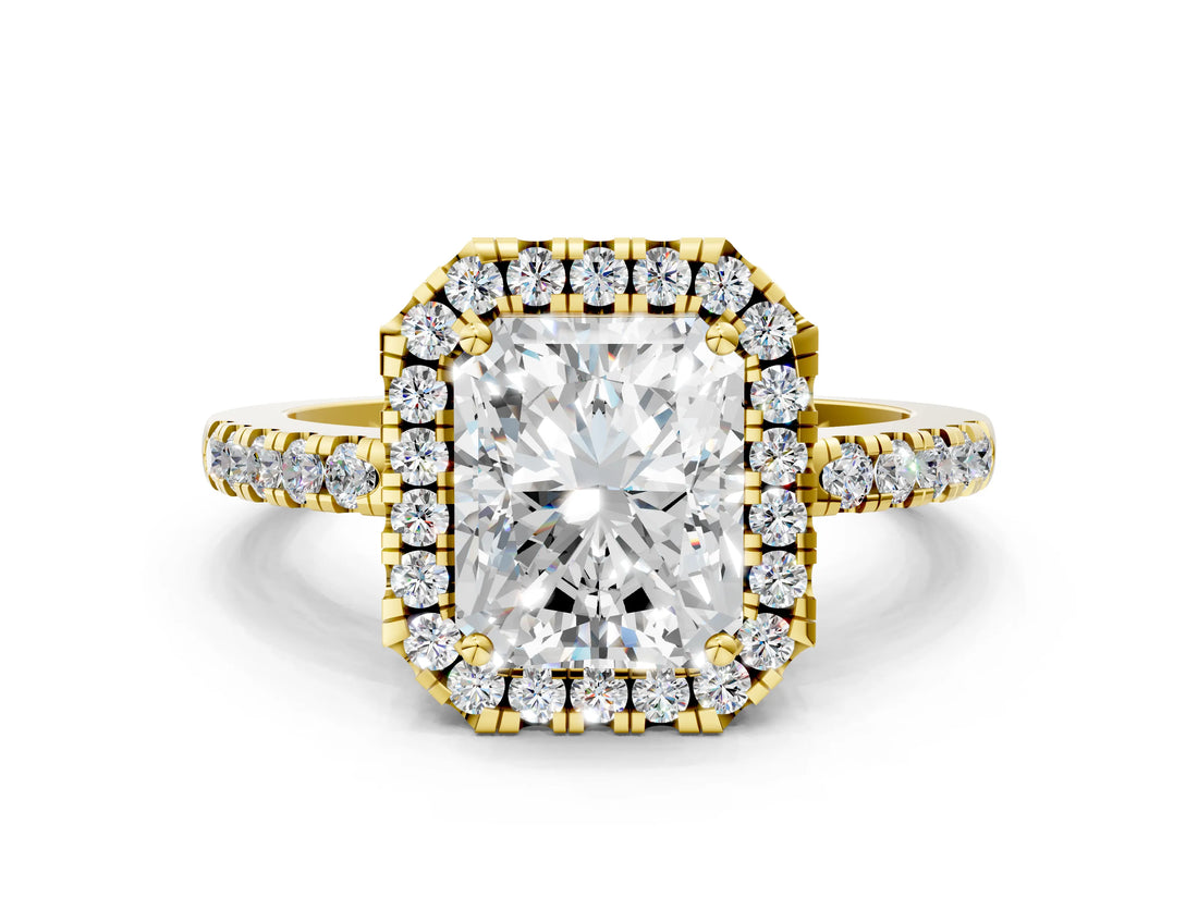 Yellow gold Radiant Halo Diamond Engagement Ring with Pavé Band and Four-Prong Setting_105