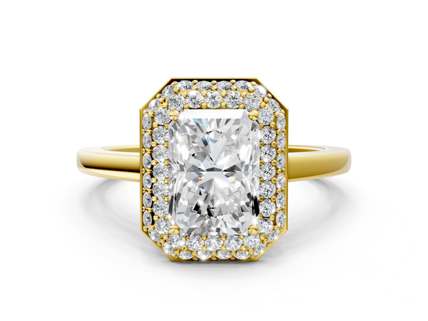 Yellow gold Radiant Halo Diamond Engagement Ring with Solitaire Band and Four-Prong Setting