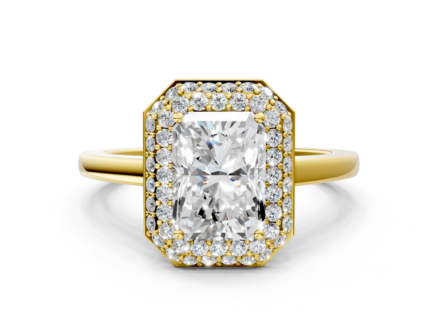 Yellow gold Radiant Halo Diamond Engagement Ring with Solitaire Band and Four-Prong Setting