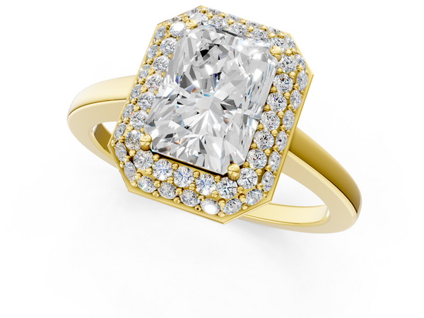 Yellow gold Radiant Halo Diamond Engagement Ring with Solitaire Band and Four-Prong Setting