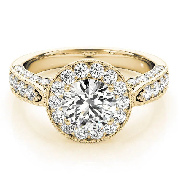 Yellow gold Radiant Halo Diamond Engagement Ring with Split Shank Band and Four-Prong Setting
