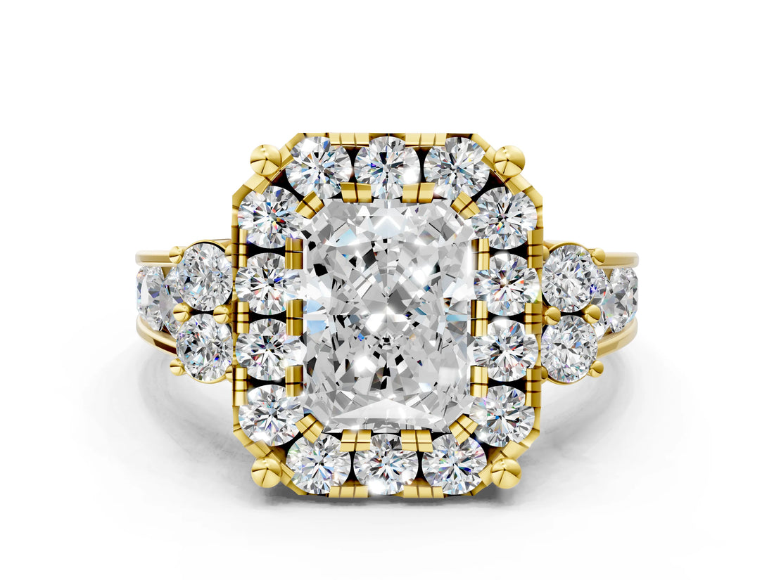 Yellow gold Radiant Halo Diamond Engagement Ring with Split Shank and Four-Prong Setting
