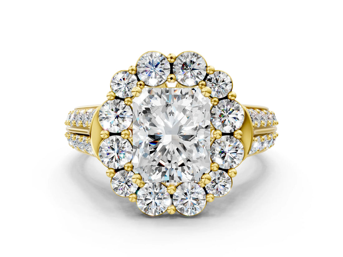 Yellow gold Radiant Halo Diamond Engagement Ring with Split Shank and Prong Setting_66