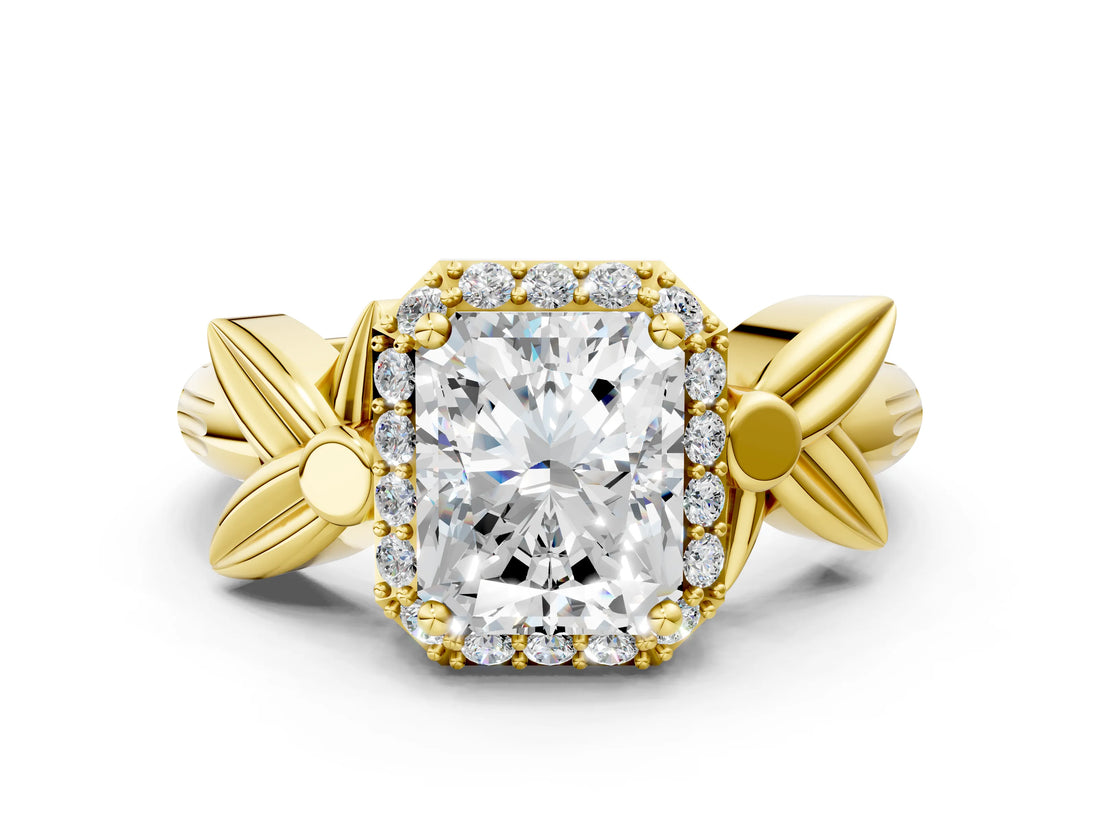 Yellow gold Radiant Halo Diamond Floral Band with Four-Prong Setting_73