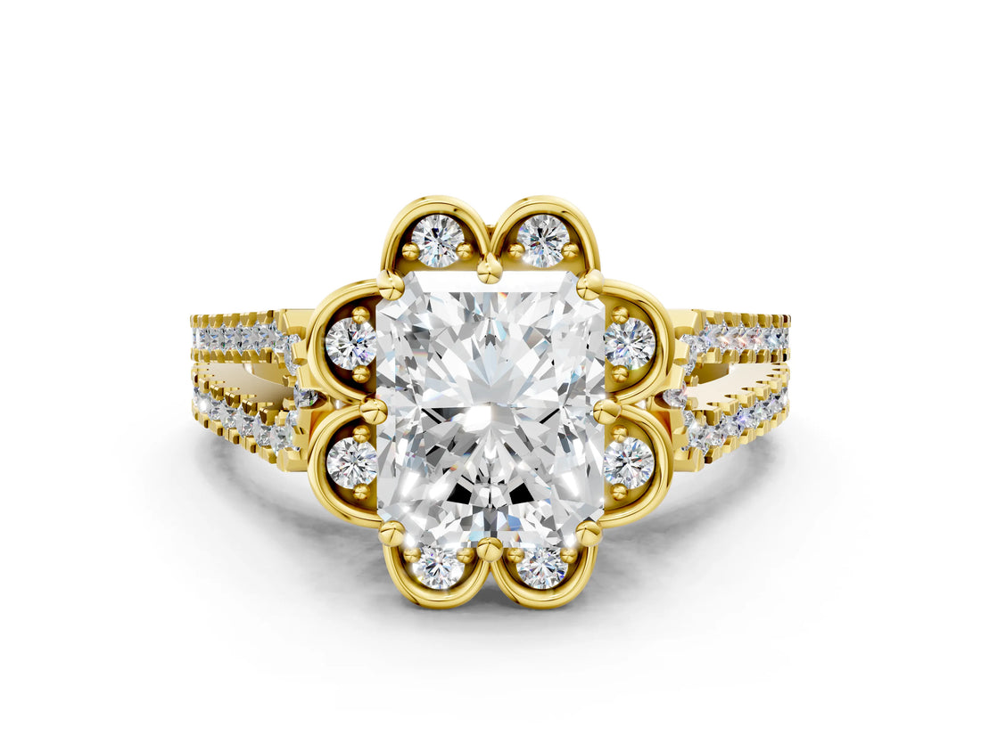 Yellow gold Radiant Halo Diamond Floral Split Shank Engagement Ring