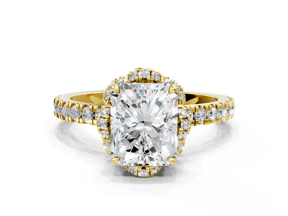Yellow gold Radiant Halo Diamond Pave Band Ring with Four-Prong Setting_15