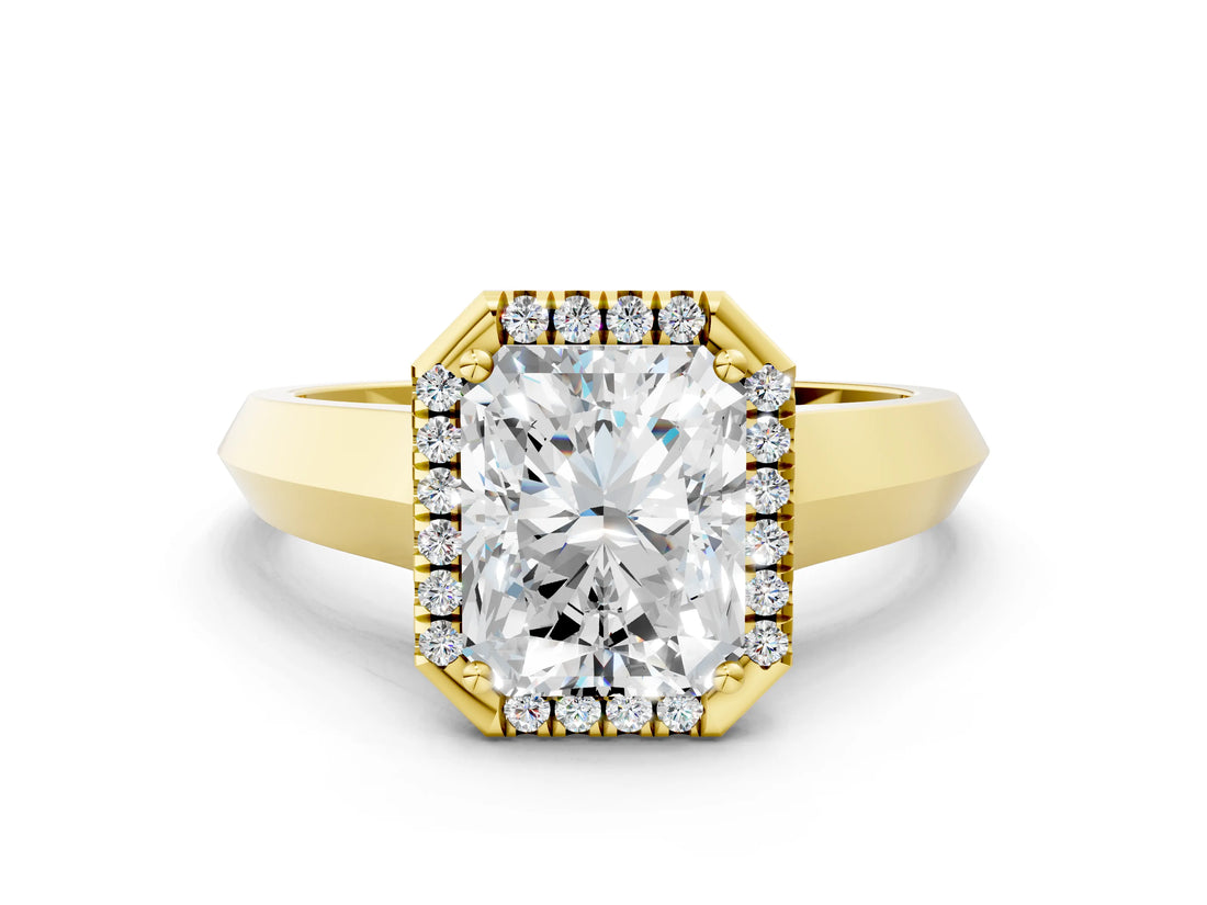 Yellow gold Radiant Halo Diamond Ring with Cathedral Band and Four-Prong Setting_59