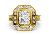Yellow gold Radiant Halo Diamond Ring with Milgrain Bezel and Prong Setting_6