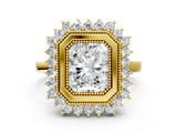 Yellow gold Radiant Halo Diamond Ring with Milgrain Edge and Round Prong Setting_26