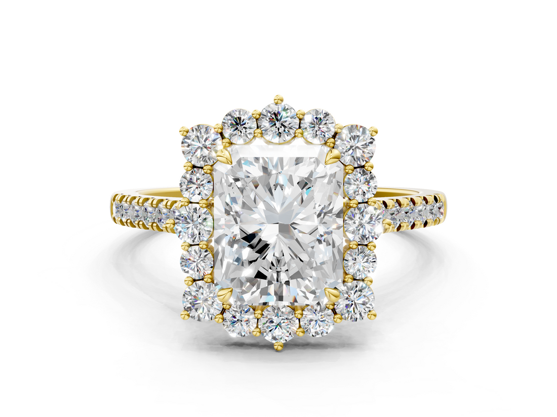 Yellow gold Radiant Halo Diamond Ring with Pavé Band and Prong Setting_37