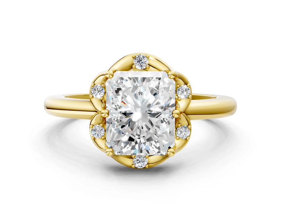 Yellow gold Radiant Halo Diamond Ring with Round Cluster Setting, Solitaire Band, and Four-Prong Setting