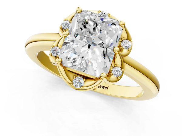 Yellow gold Radiant Halo Diamond Ring with Round Cluster Setting, Solitaire Band, and Four-Prong Setting