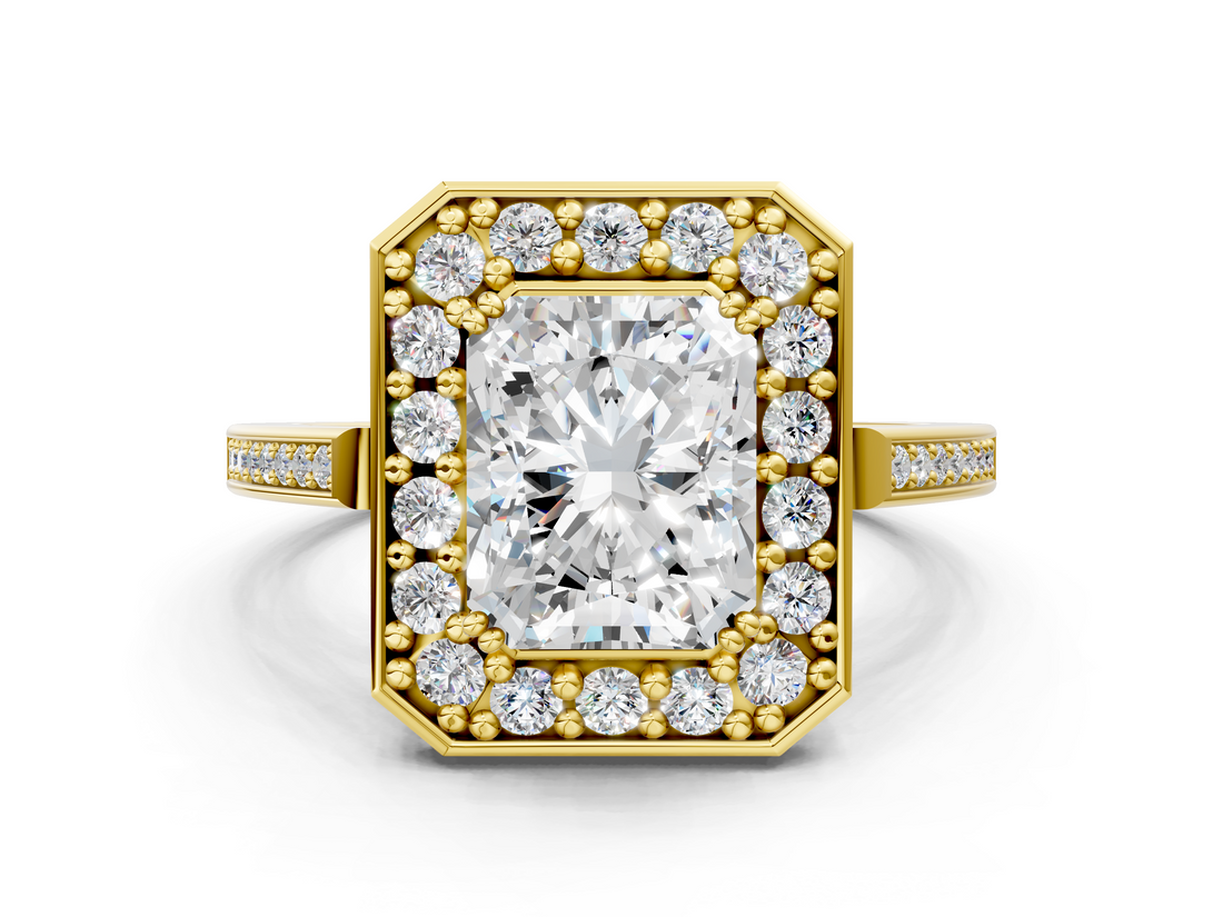 Yellow gold Radiant Halo Diamond Ring with Split Shank and Four-Prong Setting_67