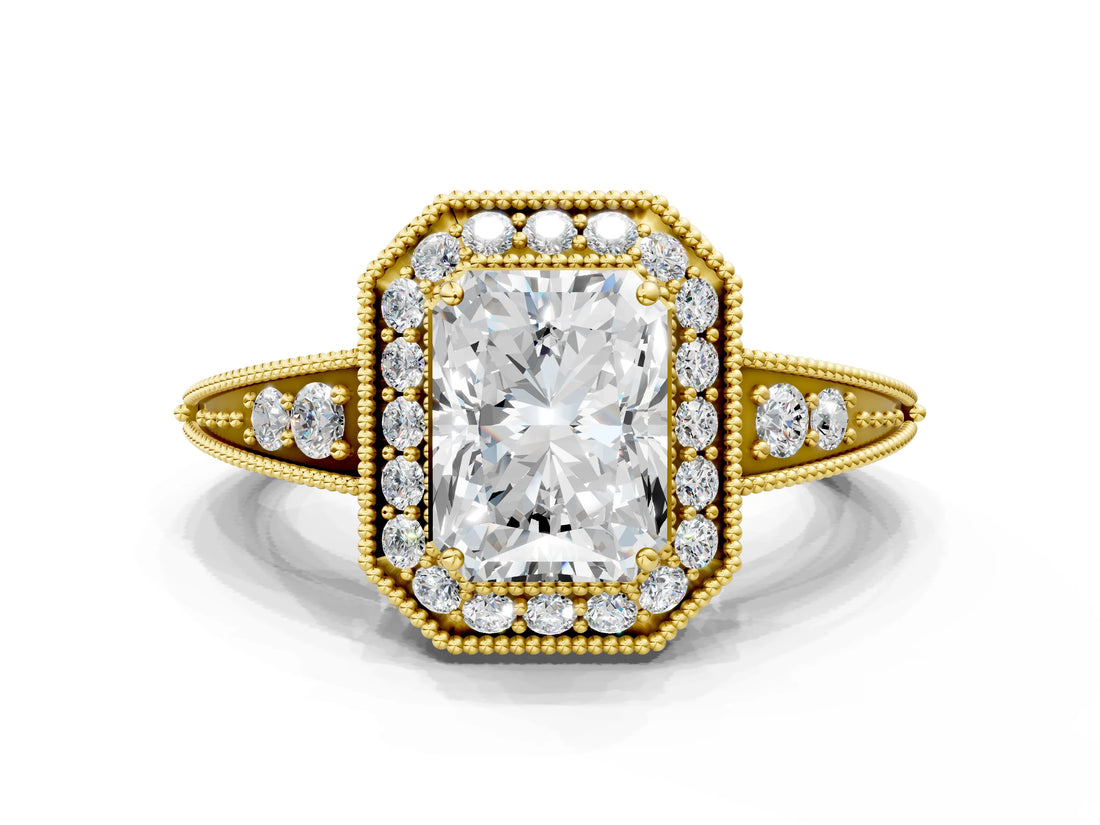 Yellow gold Radiant Halo Diamond Split Shank Ring with Milgrain Detail_49
