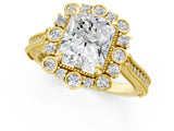 Yellow gold Radiant Halo Milgrain Pave Diamond Ring with Four-Prong Setting 1