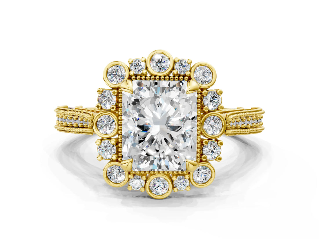 Yellow gold Radiant Halo Milgrain Pave Diamond Ring with Four-Prong Setting