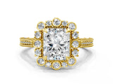 Yellow gold Radiant Halo Milgrain Pave Diamond Ring with Four-Prong Setting