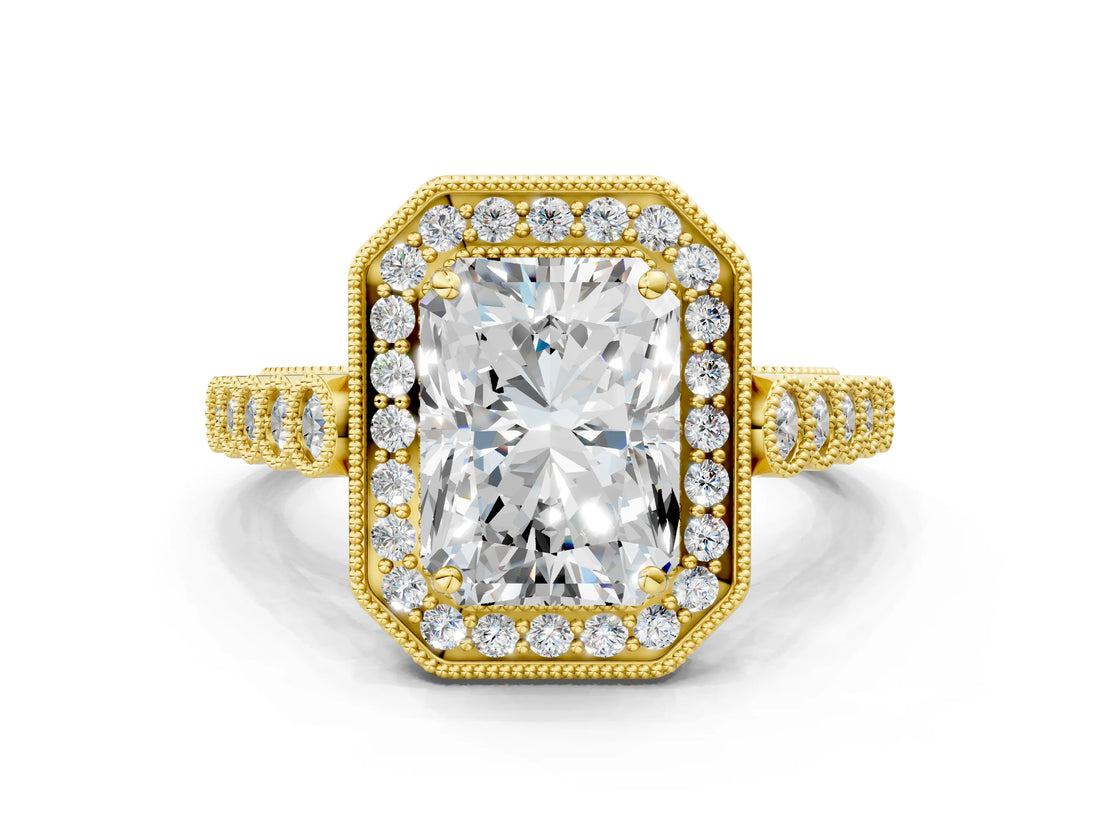 Yellow gold Radiant Halo Milgrain Solitaire with Bezel Set Side Stones and Pave Band_31