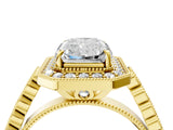 Yellow gold Radiant Halo Milgrain Solitaire with Bezel Set Side Stones and Pave Band_35