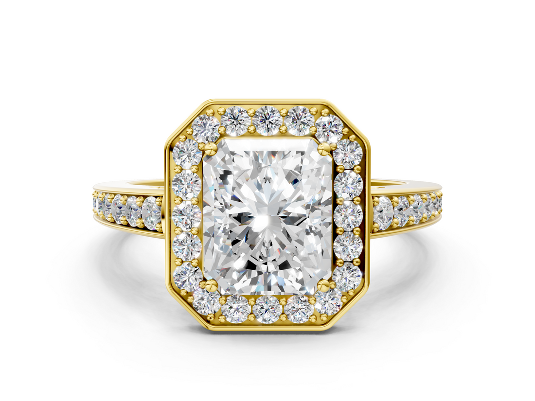 Yellow gold Radiant Halo Pavé Diamond Engagement Ring with Bezel Setting_20