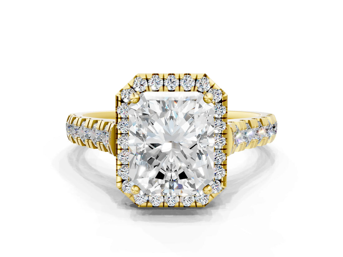 Yellow gold Radiant Halo Pavé Diamond Engagement Ring with Four-Prong Setting_26