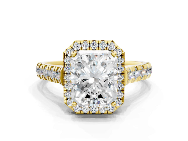 Yellow Gold Radiant Cut Halo Engagement Ring Setting with Accented Shoulders and Bezel Gallery Accents