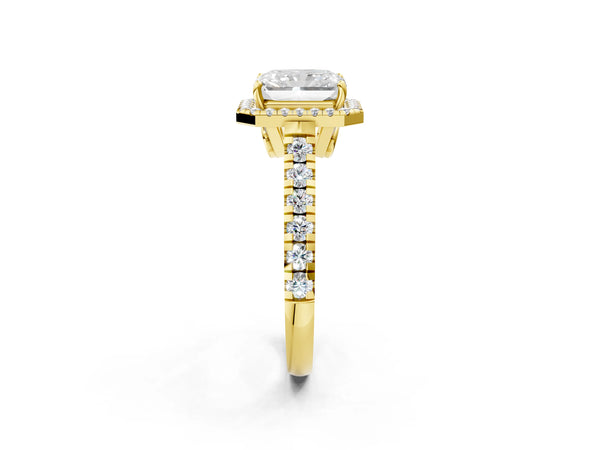 Yellow Gold Radiant Cut Halo Engagement Ring Setting with Accented Shoulders and Bezel Gallery Accents