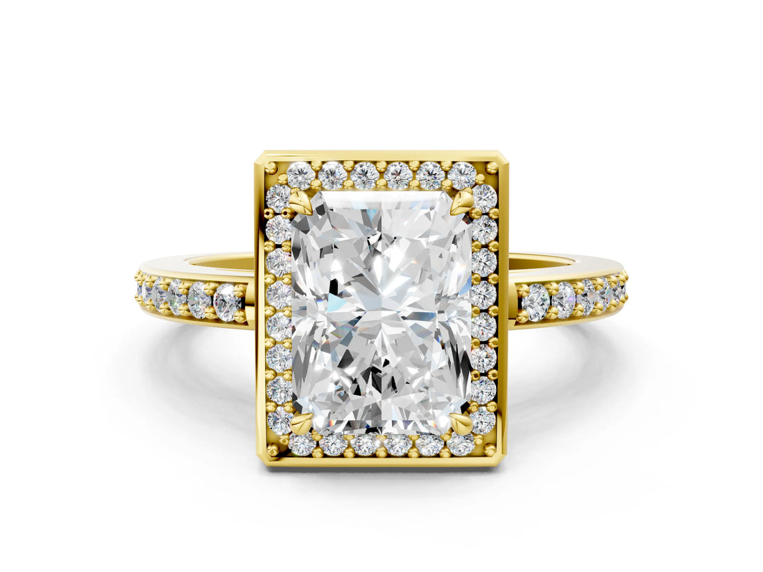 Yellow gold Radiant Halo Pave Band Solitaire Ring with Prong Setting_65
