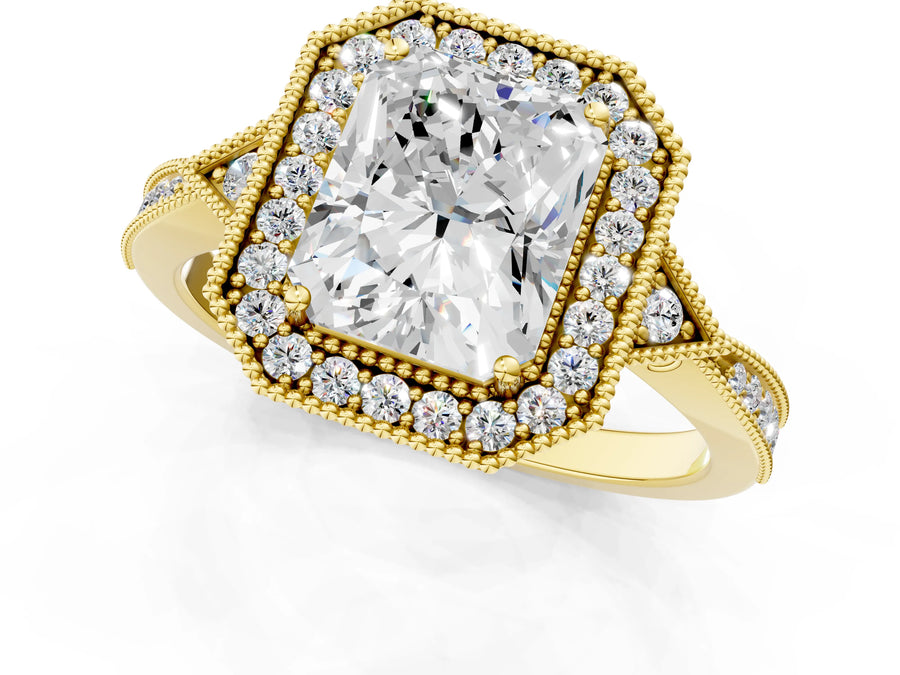 Yellow gold Radiant Halo Round Diamond Milgrain Pave Engagement Ring