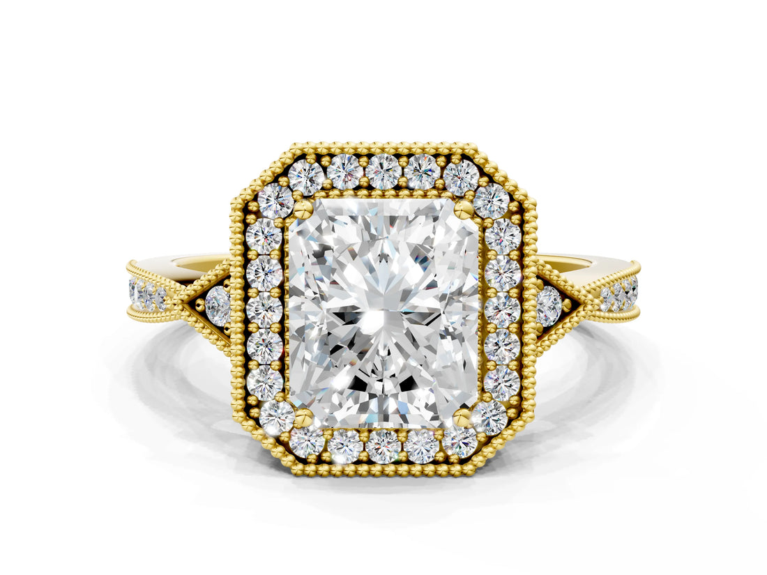 Yellow gold Radiant Halo Round Diamond Milgrain Pave Engagement Ring_9