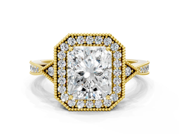 Yellow gold Radiant Halo Round Diamond Milgrain Pave Engagement Ring