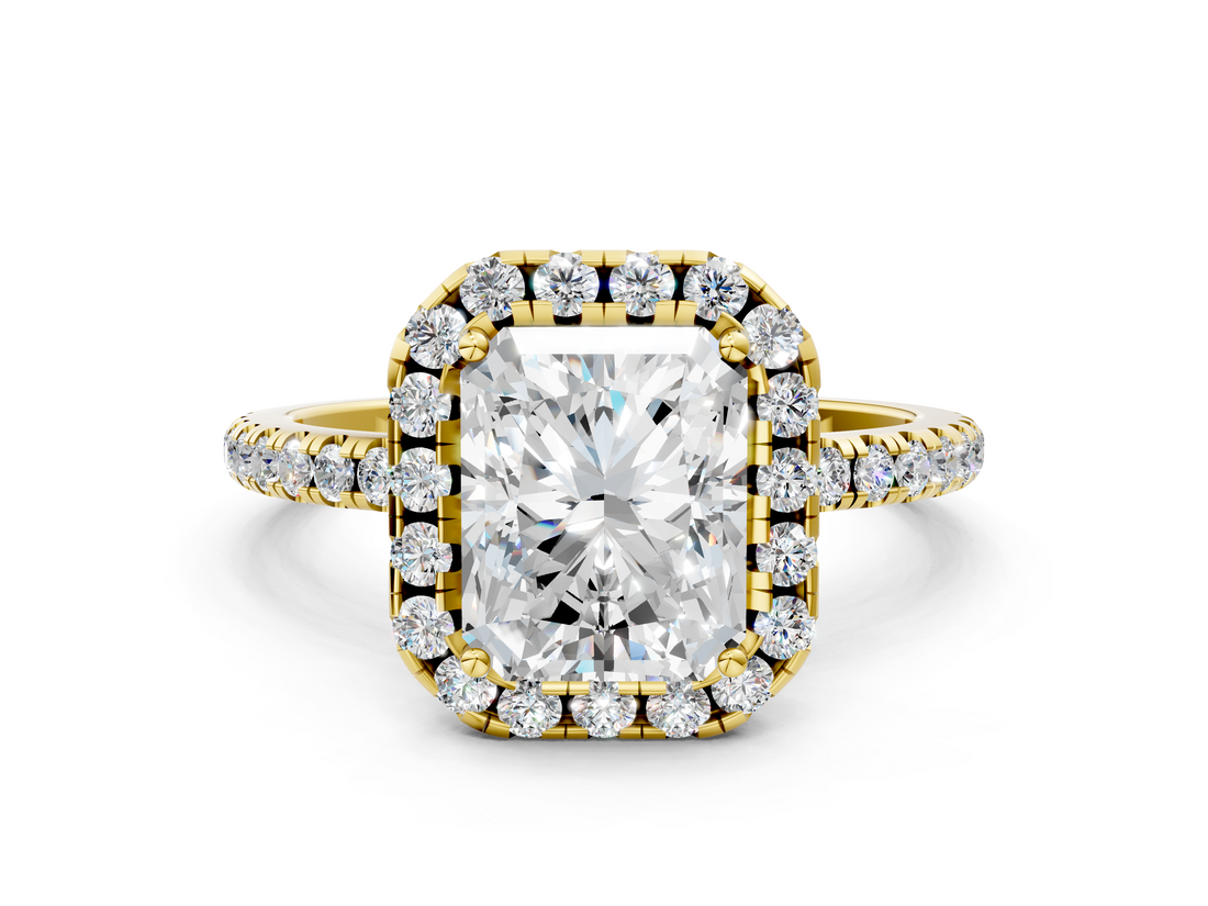 Yellow gold Radiant Halo Round Diamond Pavé Band Four-Prong Ring_3