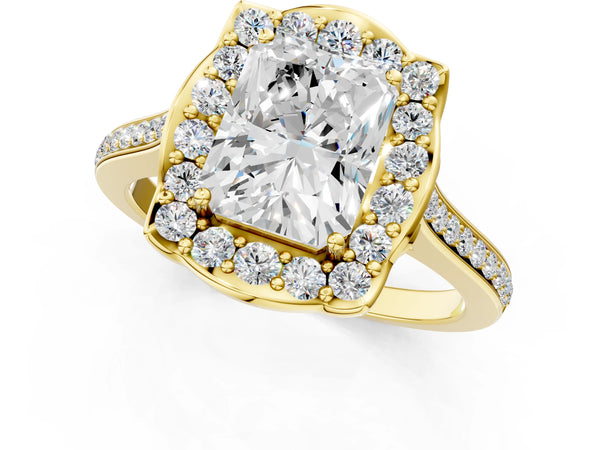 Yellow Gold Radiant Cut Petal-Tip Halo Pave Engagement Ring Setting