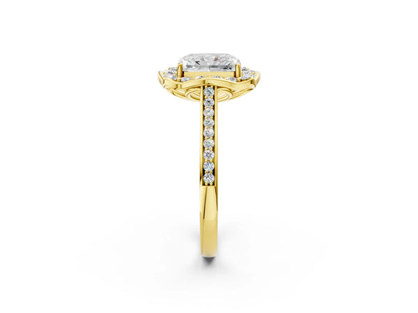 Yellow Gold Radiant Cut Petal-Tip Halo Pave Engagement Ring Setting