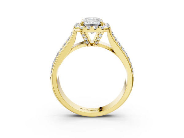 Yellow gold Radiant Halo Round Diamond Pave Band with Prong Setting