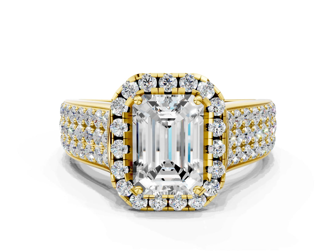 Yellow gold Radiant Halo Round Diamond Pave Band with Prong Setting