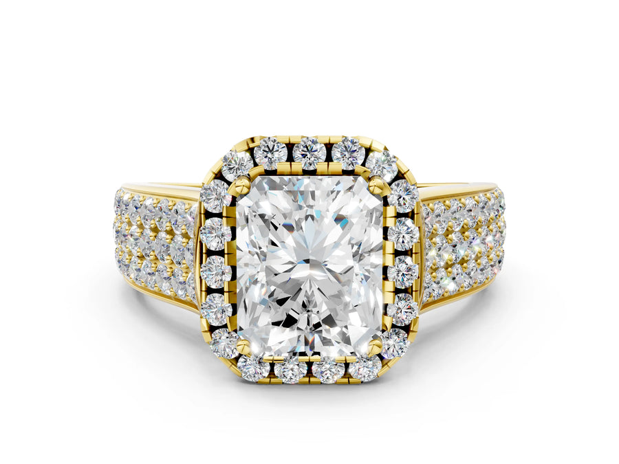 Yellow gold Radiant Halo Round Diamond Pave Band with Prong Setting