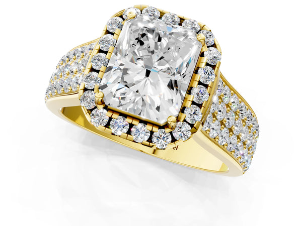 Yellow gold Radiant Halo Round Diamond Pave Band with Prong Setting