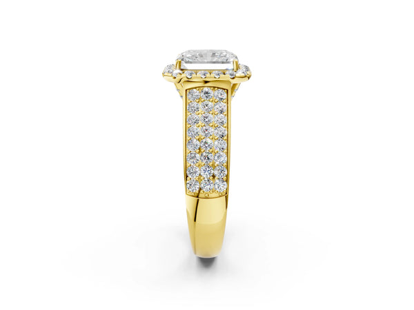 Yellow gold Radiant Halo Round Diamond Pave Band with Prong Setting