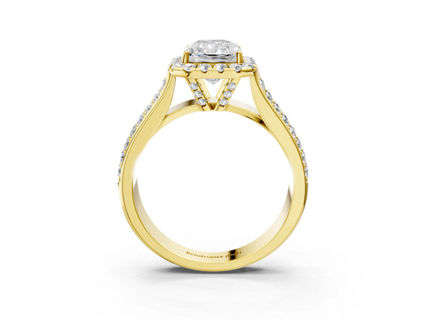Yellow gold Radiant Halo Round Diamond Pave Band with Prong Setting