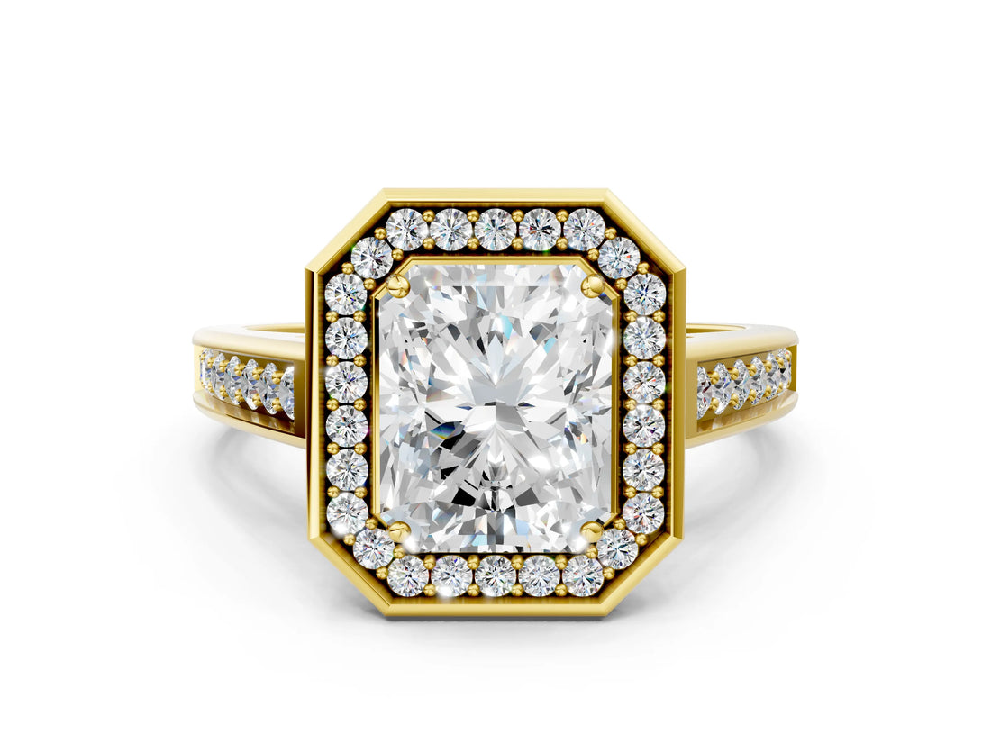 Yellow gold Radiant Halo Solitaire Diamond Ring with Pave Band and Bezel Setting_49